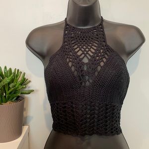 Black Crochet Halter Crop Top